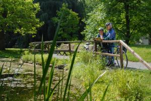 Senioren mit Fahrrädern stehen am Teich und besprechen Fahrradtour